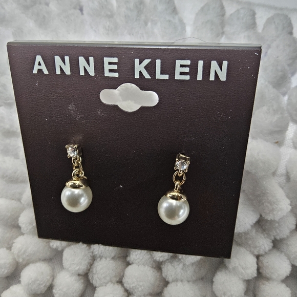 Anne Klein Gold toneand White Pearl and crystal Drop Earrings - Picture 2 of 5